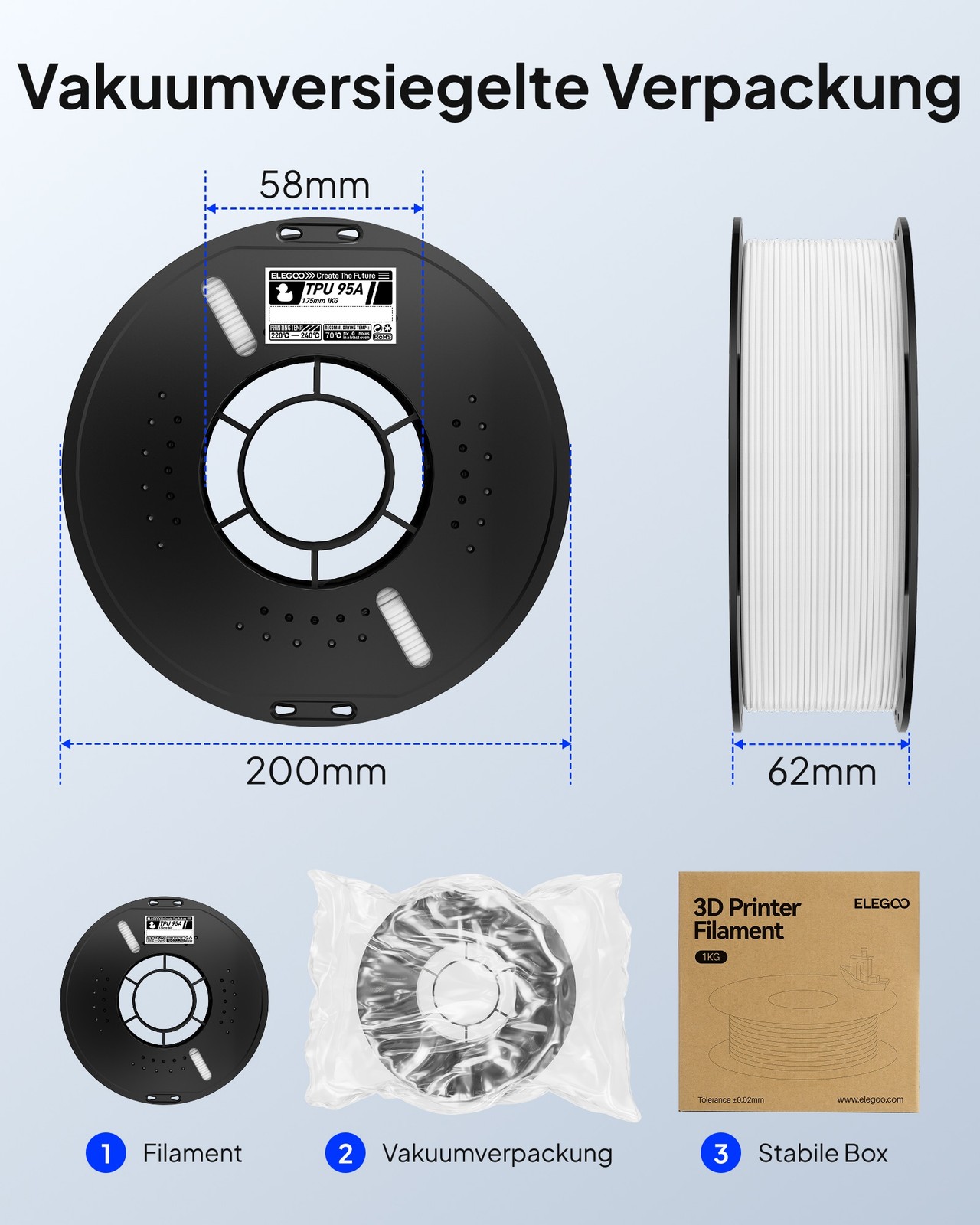 ELEGOO TPU Filament 1.75MM Weiß 95A Flexibles Für 3D-Drucker 1KG Spule - Bild 3