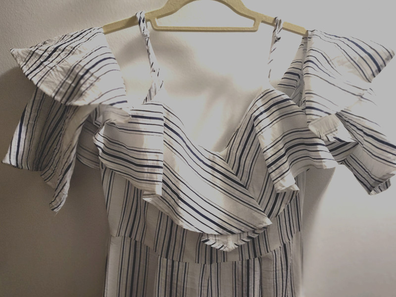 Navy Blue and White Jumpsuit.  Strip. Size Small.   It has a 26'' Waist. no Belt