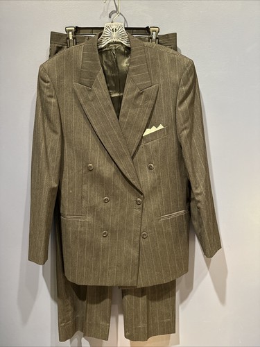 Bachrach Mens Wool Pin Stripe Suit, 32 X 31 Pants, Double Breasted Gangster