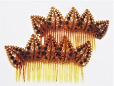 RARE Antique 1920's Art Nouveau Hair Comb Set- Brown Celluloid Leaf Diadem Crown
