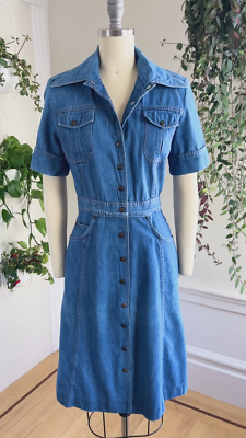Vintage 1970s 70s Blue Denim Cotton Jean Short Sleeve Snap Front Mini Day  Dress | eBay