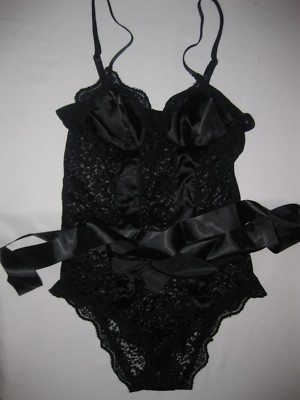 Shein sheer lace w/satin cups & tie belt bodysuit/teddy S black 80s aesthetic