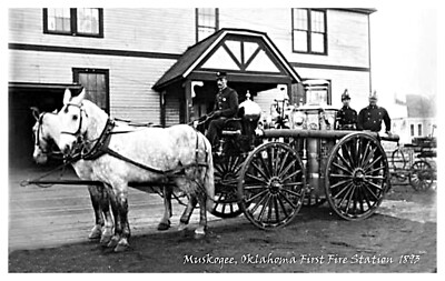 Muskogee Oklahoma Fire Station Wagon Fire Engine Postcard COPY #77642