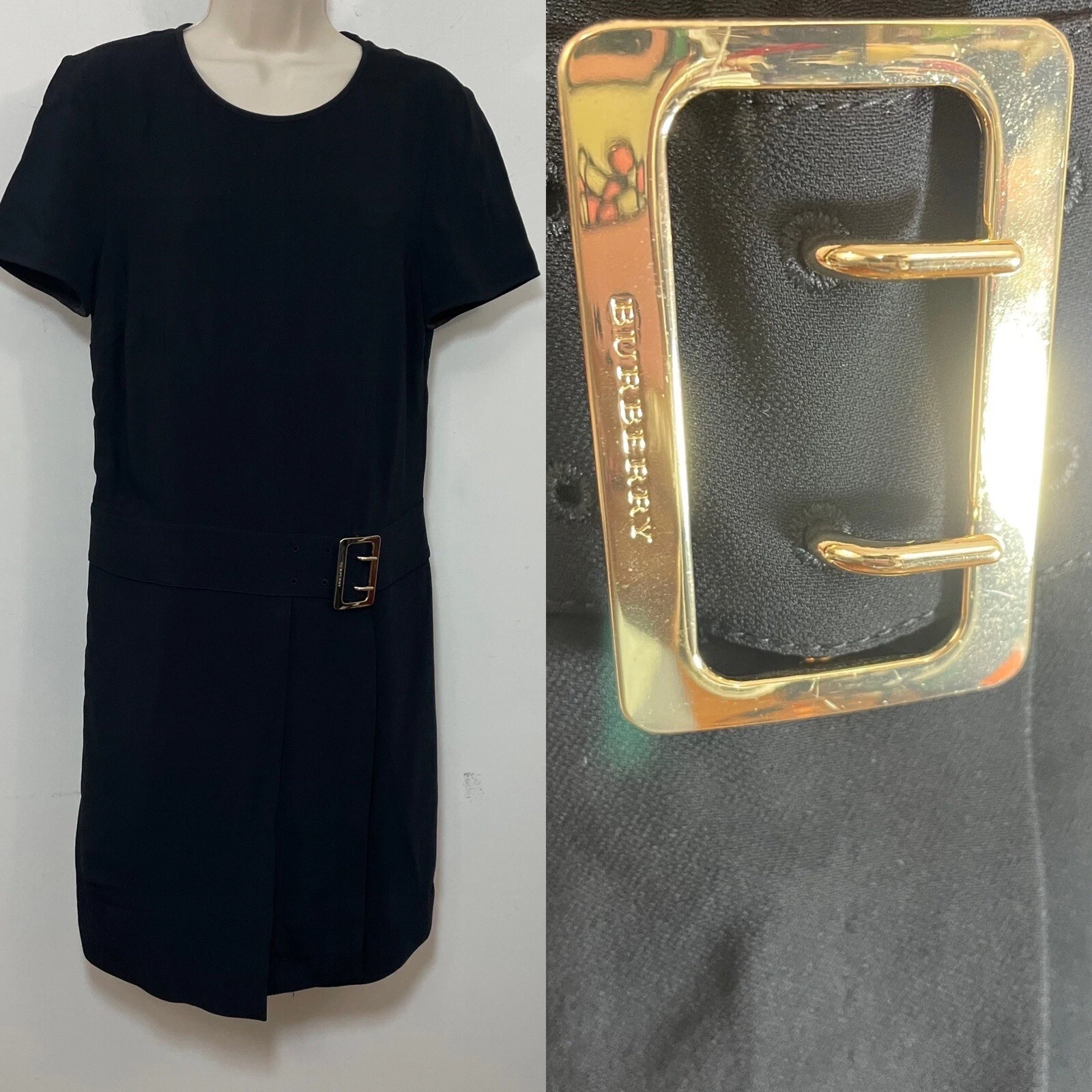 Abito nero Burberry taglia 8 LBD carriera guaina cocktail finto avvolgente cintura logo