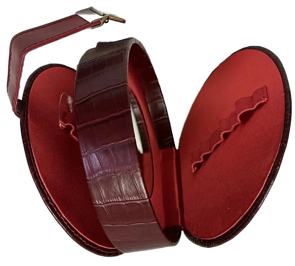 Estuche rígido redondo con soporte para cepillo de viaje de maquillaje con 2 espejos imitación cocodrilo rojo cierre a presión Foto 3 de 4