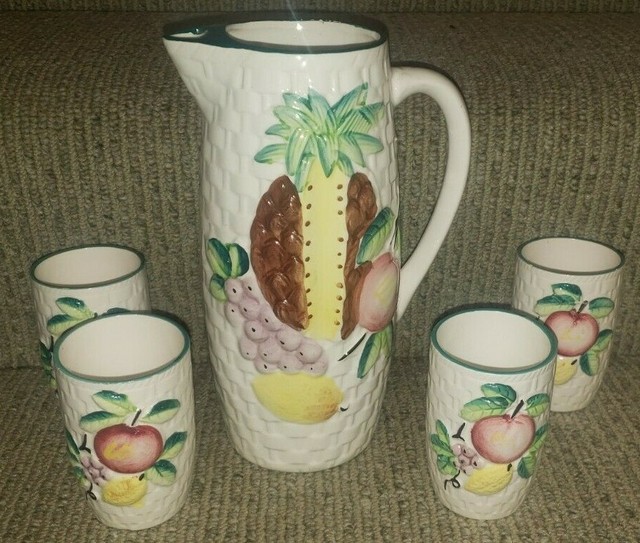Vintage Mid Century Ceramic Basket Weave Pitcher Fruit 4 Juice Glass