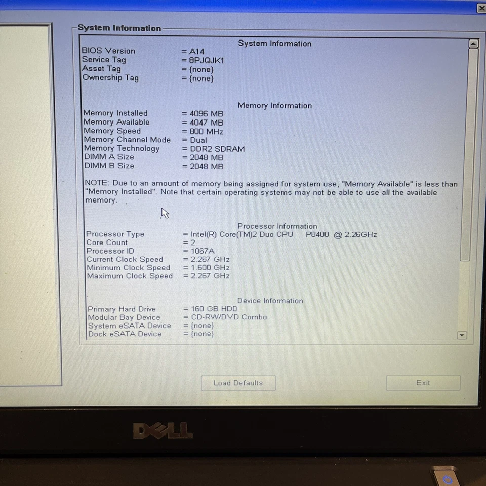 Laptop Dell Latitude E6400 14" Core 2 Duo P8400 4GB RAM 160GB Arranque/BIOS Sin sistema operativo Foto 2 de 4