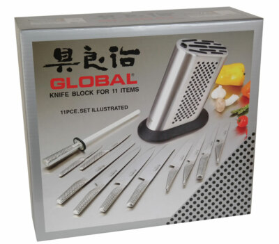 GLOBAL Kochmesser 11er Set mit Keramikstreicher + Messerblock G-8311/KB/BDR