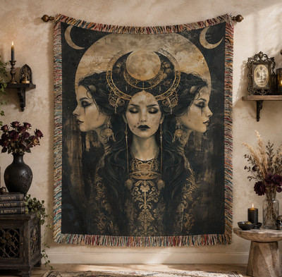 Hecate Triple Moon Goddess Woven Blanket #1, Dark Moon Goddess Tapestry Throw