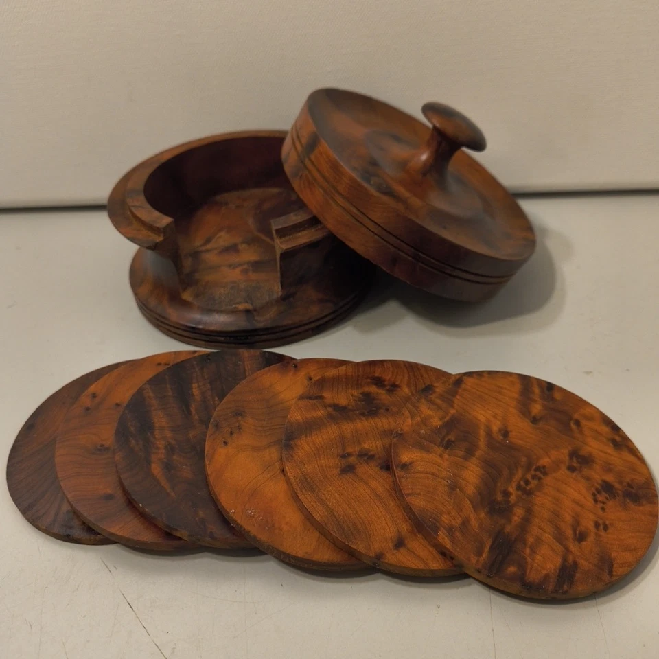 Rare Vintage Thuya Wooden Cup Drink Coasters Set Mug Coffee Tea Service - Image 3 of 4