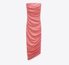 ZARA Draped Tube Midi Dress Pink Ruched Strapless Bodycon Size S coral