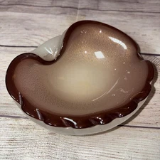 Vtg Murano Art Glass Clear White Purple Shell Shaped Bowl Gold Flecks 6x5”