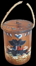 Antique Firkin Wood Bucket Hand Painted Amish Children Pail 11"H  Rope Handle