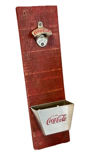 VTG COCA COLA Wood Wall Hanging with STARR Bottle Opener & Coke Cap Catch Bin
