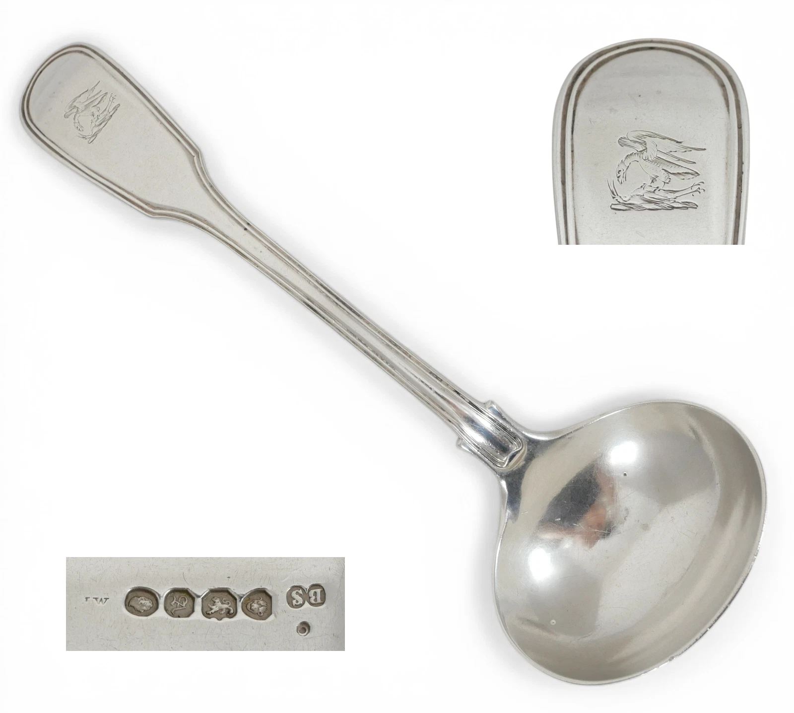 Antique Georgian 1836 Sterling Silver Sauce Gravy Ladle Spoon Fiddle & Thread BS