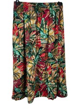 Sag Harbor Red Tropical Floral Pleated Elastic Waist Midi Skirt M 90s Office
