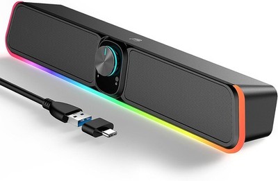 Wired USB Bluetooth Computer Speakers RGB Volume Knob HiFi Sound Bar PC Laptop