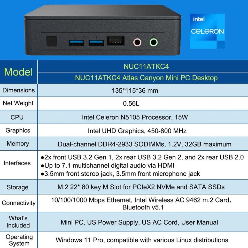 Intel NUC 11, NUC11ATKC4 Atlas Canyon Win11 Pro Mini PC Desktop, 8GB DDR4 RAM... - Image 3 of 4