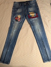 Akoo Mens Distressed Jeans With Paint Splatter And Embroidery Size 34×32