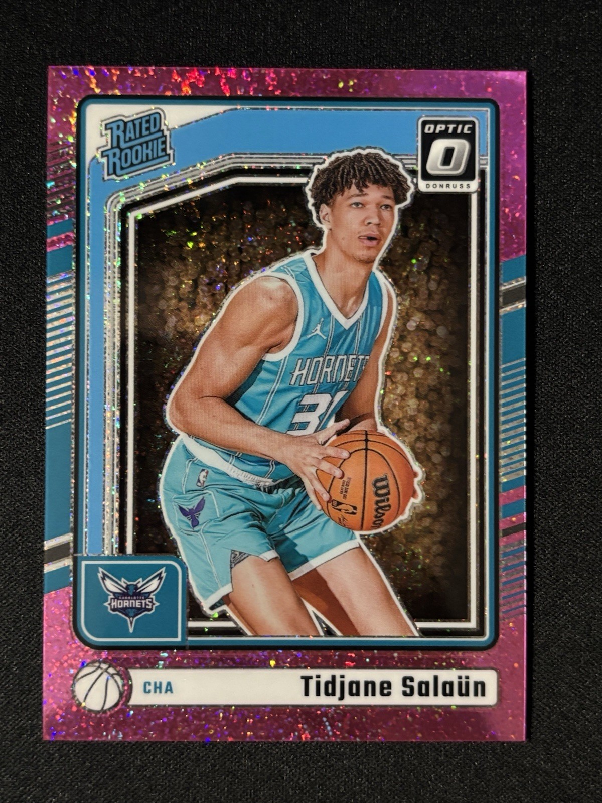2024-25 Optic Pink Glitter Tidjane Salaun /275 RC Rated Rookie #286 Hornets