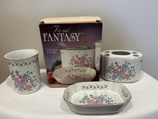 Vintage Stoneware 3pc Bathroom Vanity Set Made Japan Lilac  Pink Floral W/Box