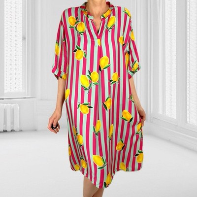 ITALY Oversize Zitronen Sommerkleid Kleid Tunikakleid Streifen Pink Blau Gelb