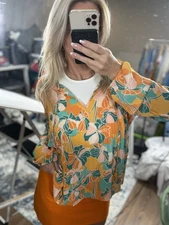 Flower Power DR2 orange Green floral Pleated Swing Boho blouse Women Size S