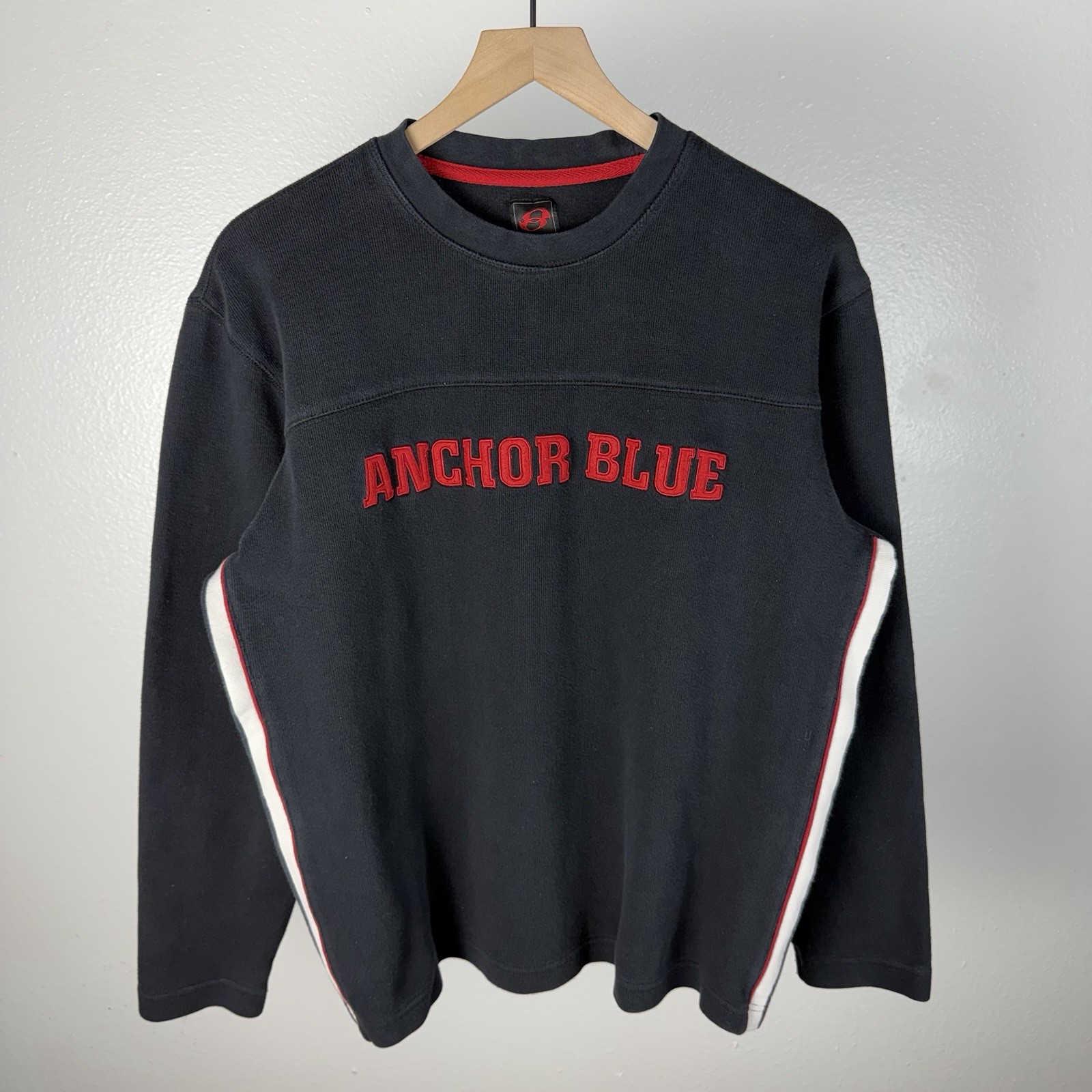 Vintage Y2K Anchor Blue Sweatshirt Blue Spell Out Skate Surf Striped Mens Medium
