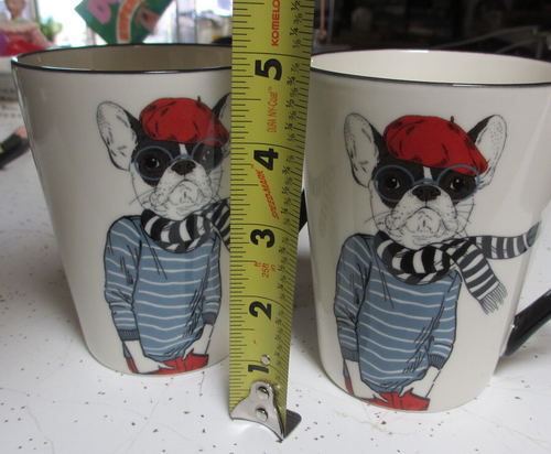 2 mugs FRENCH BULL DOGS striped scarfs beret caps coffee cups Signature bulldog - Picture 7 of 8