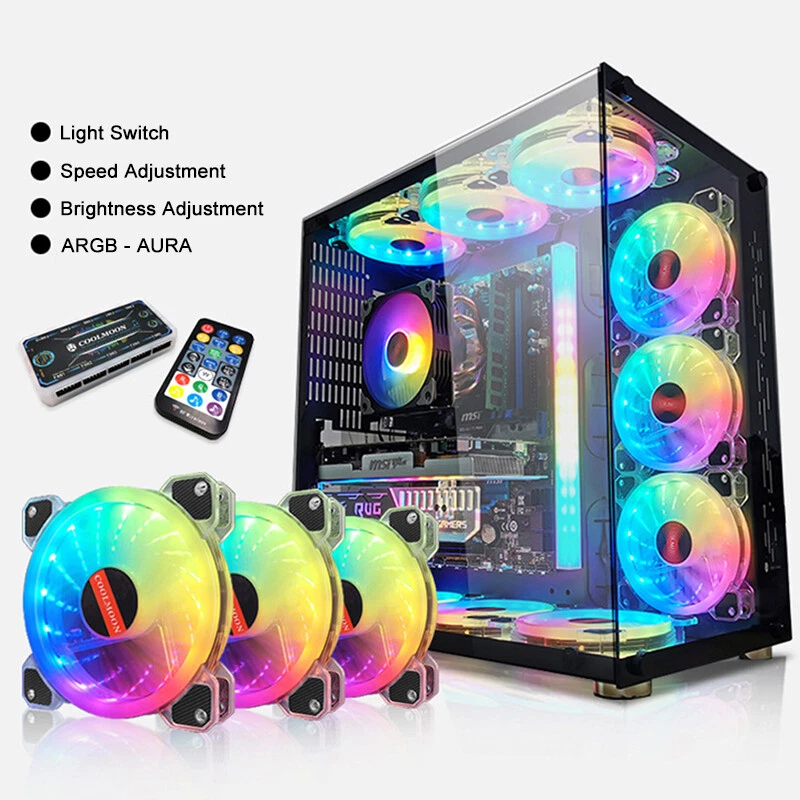 3-Pack RGB Fan PC Case Cooling 120mm Transparent Frame 12-Colors LED RF Remote - Image 3 of 4