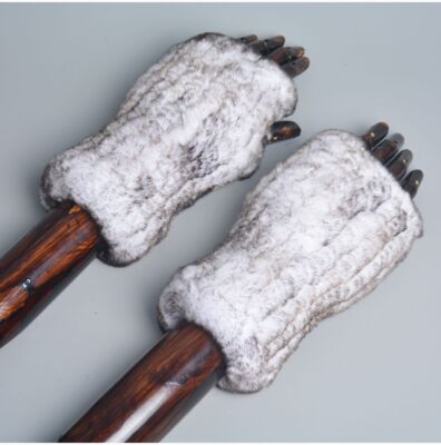 Women Fingerless Gloves Genuine Rex Rabbit Fur Knit Mittens Winter Warm Handmade
