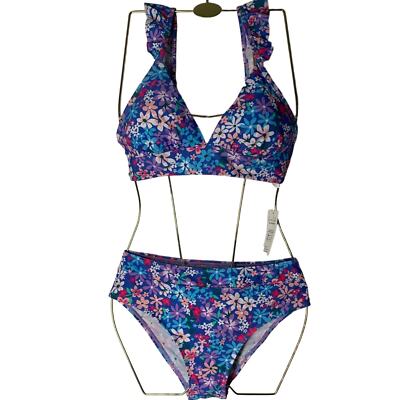 Cupshe Bikini Set Top and Bottom -Blue Flowery-Size Small New 