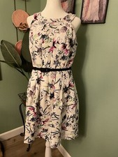 NWT White House Black Market Dress Womens Size 8 White Floral Seamed Tulip Flare