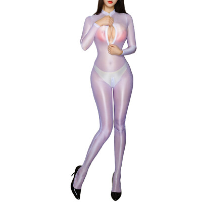 Women's Super Elastic Sheer Shiny Jumpsuit Bodystocking Zipper Bodysuit Catsuit