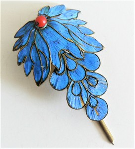 LARGE Qing Dynasty Kingfisher feather Hair Pin Chinese Coral Tian-tsui 點翠