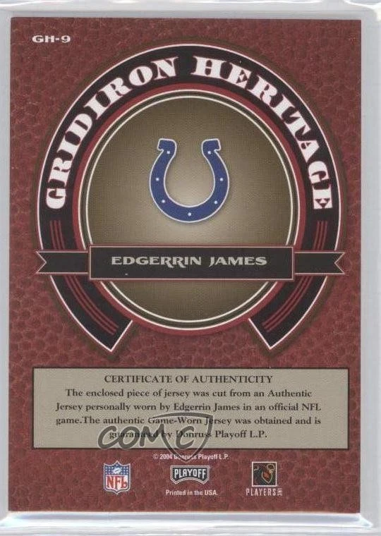 2004 Playoff Prestige Gridiron Heritage Materials Edgerrin James #GH-9 HOF - Image 2 of 2