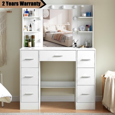 Großer Vanity Make-up Tisch mit 7 Schubladen & 10 LED-Glühbirnen Spiegel Dresser