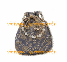 HANDMADE TRADITIONAL RARE SILK EMBROIDERED WOMEN POTLI BAG GREY