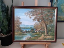Original Oil Painting Of Cottage In A Forest With Water Wooden Frame