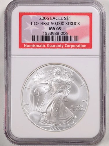 2006 1oz Silver American Eagle MS69 NGC 1533988-006 1 of First 50000 Struck