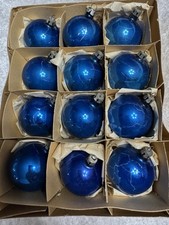 Vintage Christmas 12 Fantasia Blue Glass Ball Ornaments Poland With Box