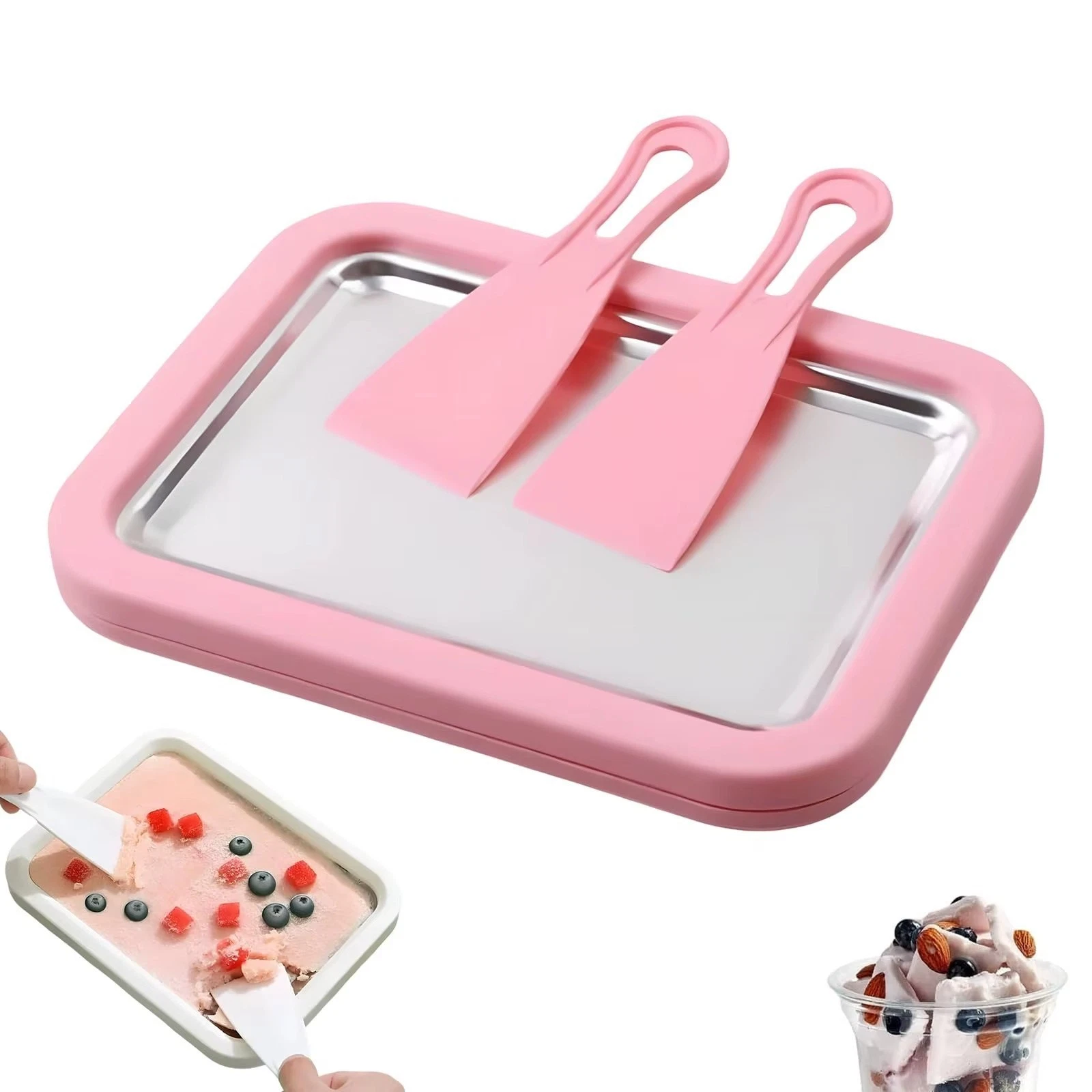 Rolled Ice Cream Maker Pan DIY Frozen Yogurt Sorbet Tray with Scrapers 🍦