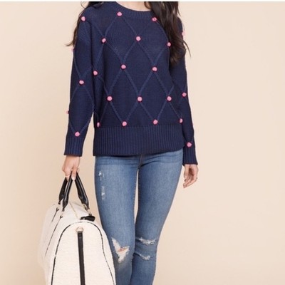 ALYA Navy Blue Diamond Knit Sweater with Pink Pom Pom Accents Size Medium