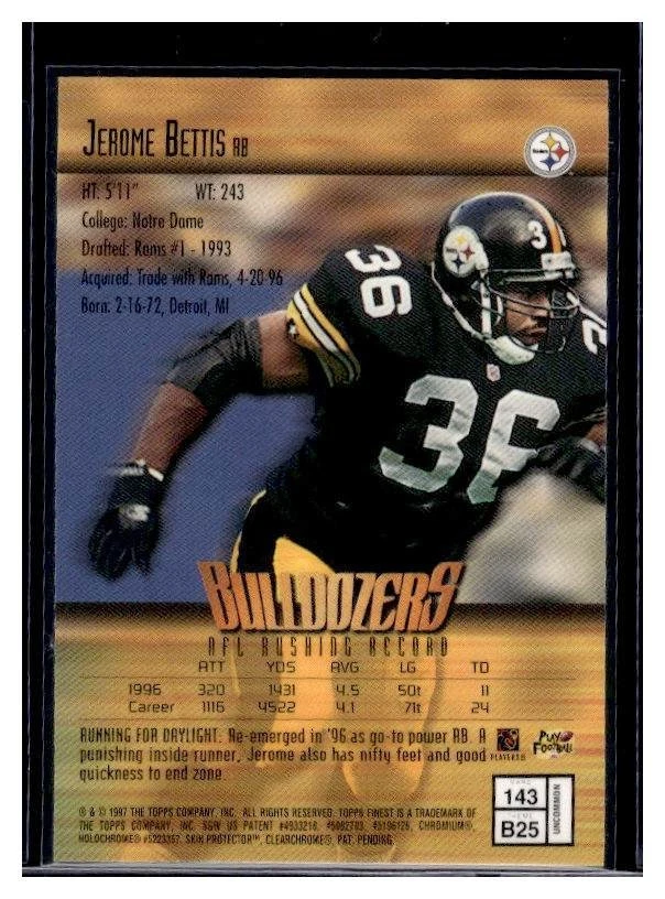1997 Topps Finest Jerome Bettis #143 Embossed Pittsburgh Steelers HOF - Image 2 of 2