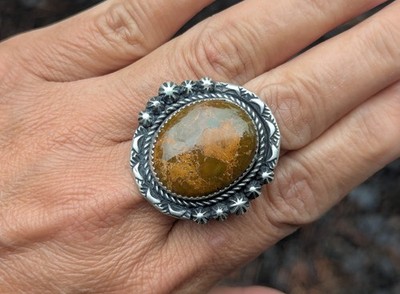 Navajo Ring Sonoran Turquoise Signed R Yazzie Native American Handmade size 9