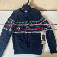 NWT Lands End Kids Boys Sweater XS 4/5 Navy Christmas Tree Truck Holiday
