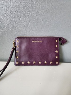 Michael Kors Ginny Star Studded Leather Wristlet Plum Purple Gold Studs Zip...
