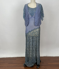 Antique 1920s 1930s Periwinkle Light Blue Silk Dress Floral Lace Gown AS IS