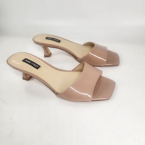 Nine West Indra Kitten Heel Slides Size 6 Nude Patent Leather Square Toe Sandals