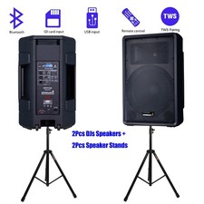 2-Pack 15" 4Ohm Powered Active PA Speakers W/ Universal Adjustable Tripod Stands